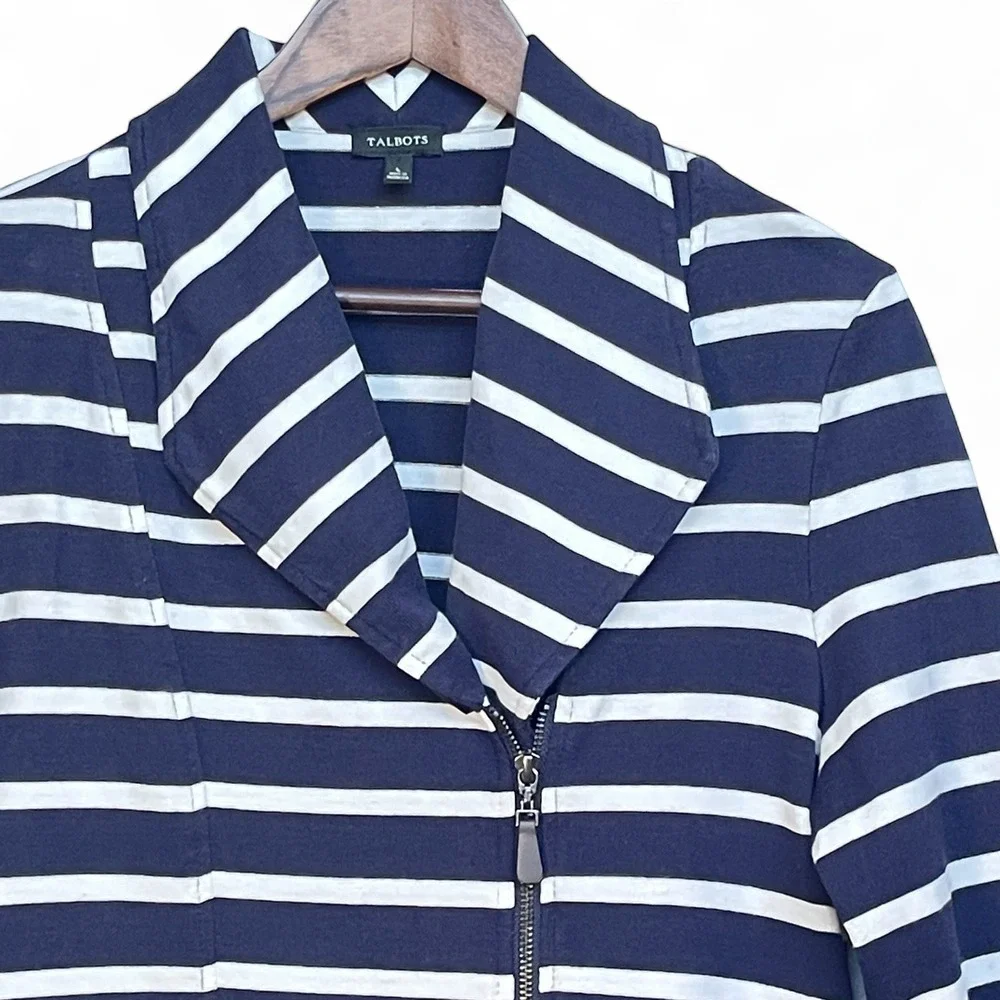 Talbots Womens Navy Blue White Striped Cotton Knit Moto Jacket Size L ID004875 - Picture 2 of 8